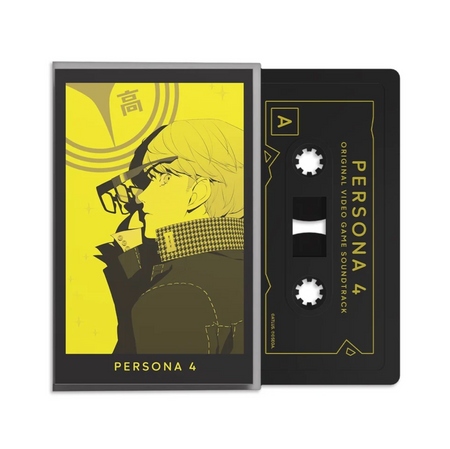 Persona 4 Original Video Game Soundtrack cassette tape and its jewel case cover art, featuring a high-contrast yellow and black design with an anime character illustration of the protagonist.