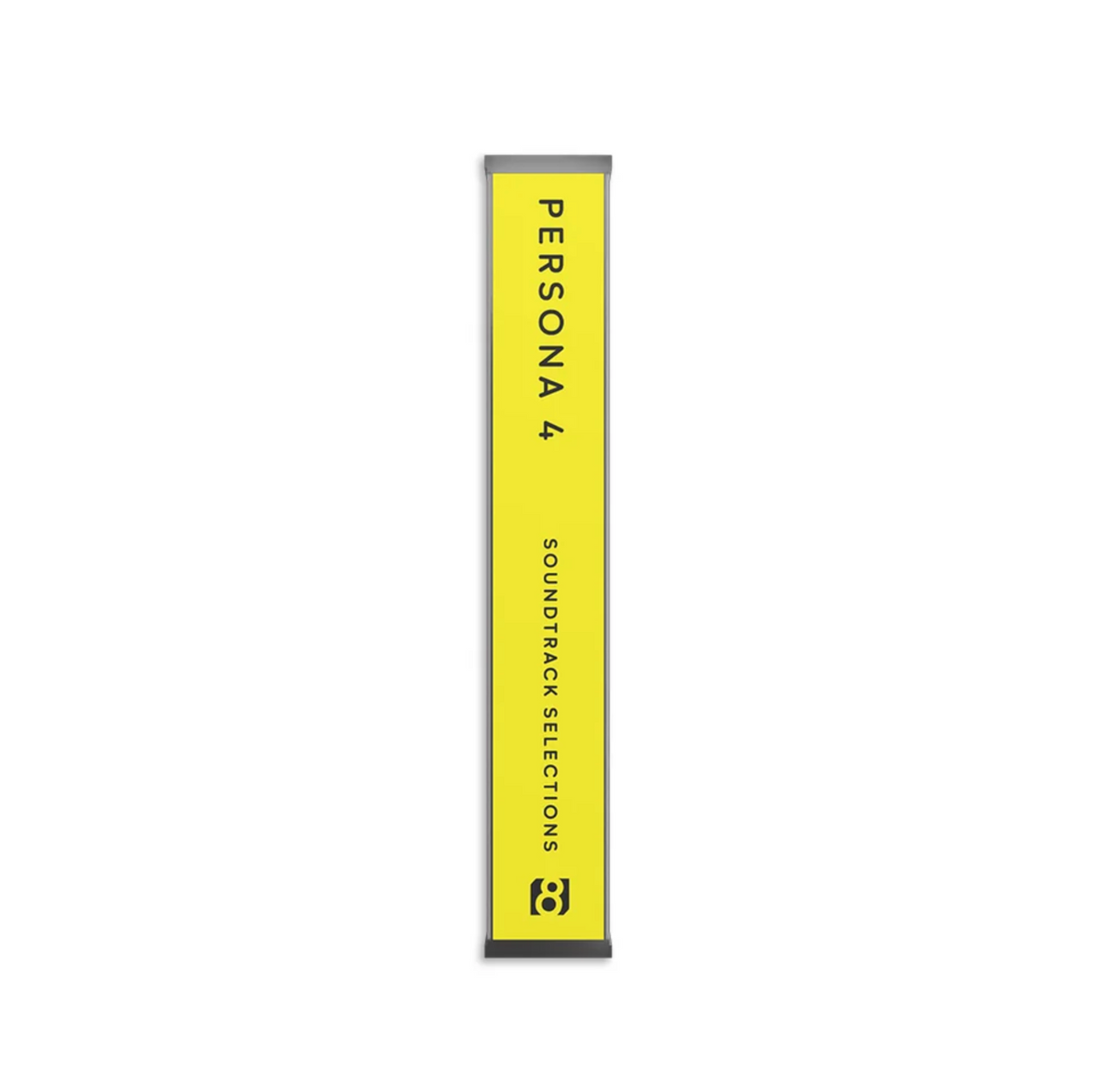 Persona 4 cassette tape spine standing upright on a white background, yellow with black text reading 'PERSONA 4 SOUNDTRACK SELECTIONS' and a small stylized logo near the bottom.