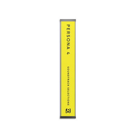 Persona 4 cassette tape spine standing upright on a white background, yellow with black text reading 'PERSONA 4 SOUNDTRACK SELECTIONS' and a small stylized logo near the bottom.