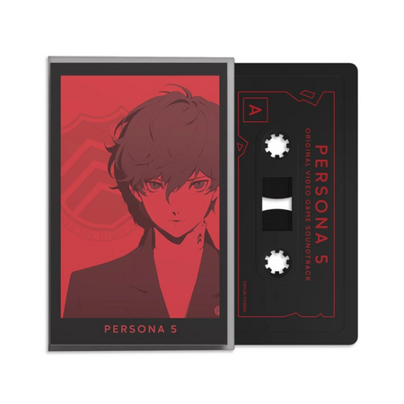 Persona 5 Original Video Game Soundtrack cassette tape and its jewel case, featuring a red and black anime illustration of the protagonist on a white background.