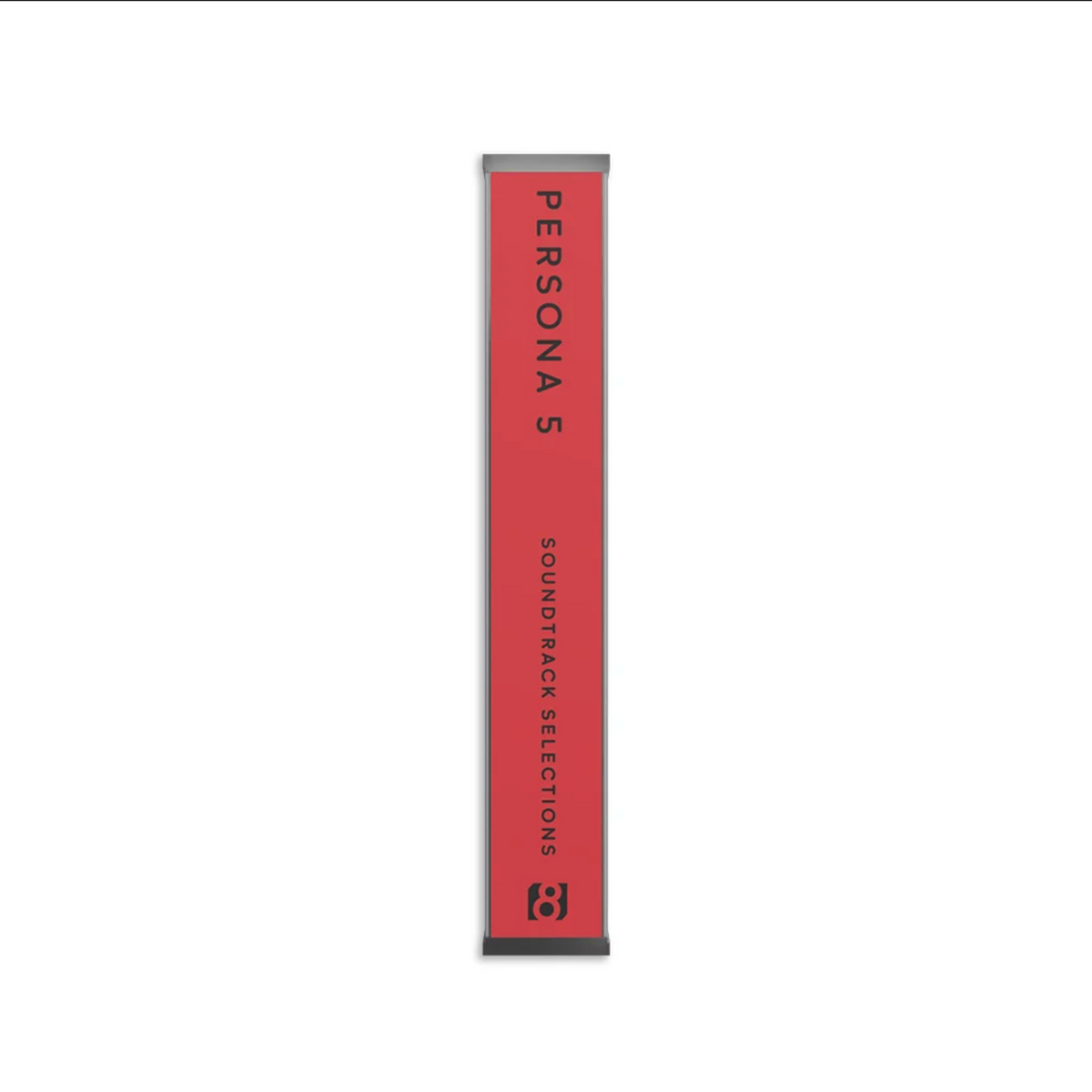 Red Persona 5 cassette tape spine, featuring the text 'PERSONA 5' and 'SONDTRACK SELECTIONS' in black, on a plain white background.