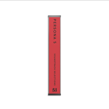 Red Persona 5 cassette tape spine, featuring the text 'PERSONA 5' and 'SONDTRACK SELECTIONS' in black, on a plain white background.