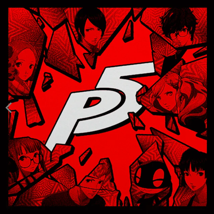 Black line art with red monotone coloring of the cast of Persona 5, each character is on a shard of shattered glass. In the center is the P5 logo, some parts partially covered by the shards of glass.