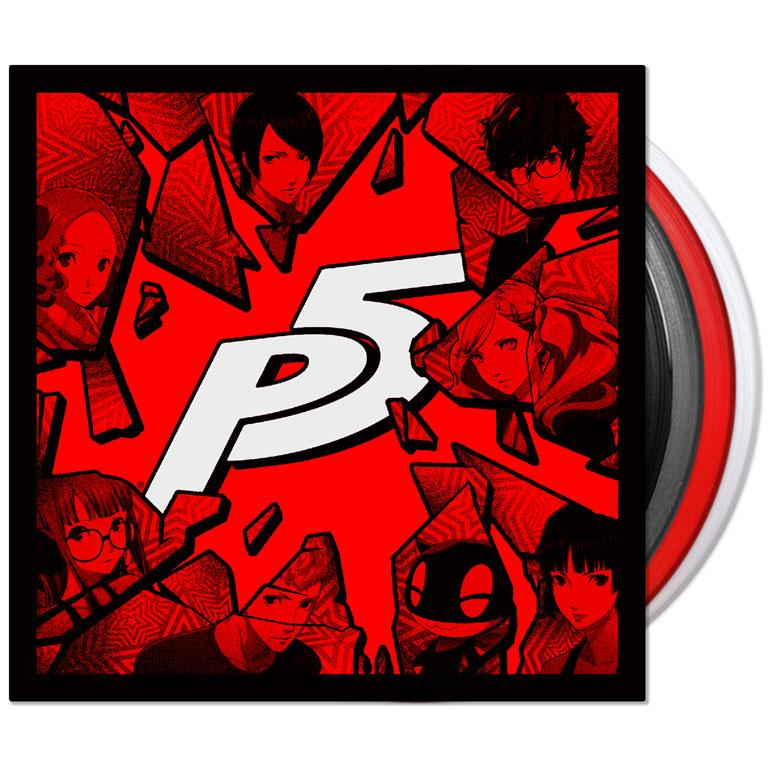 Black line art with red monotone coloring of the cast of Persona 5, each character is on a shard of shattered glass. In the center is the P5 logo, some parts partially covered by the shards of glass. the black, grey, red, and clear vinyl discs are poking out the side to show colors.