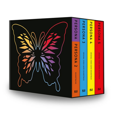 A small slipcase box set of five Persona video game soundtracks shown as a black box with a large multicolor butterfly graphic and colorful vertical spines labeled Persona 1 through 5.