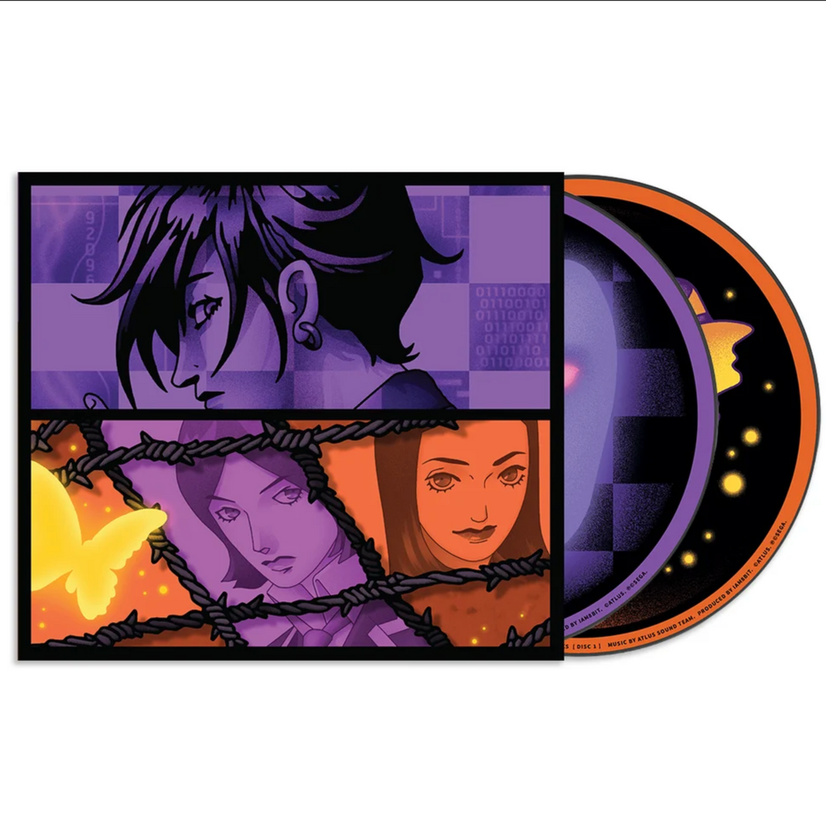 An illustrated album or media cover with anime-style Persona 1 and 2 protagonist portraits in purple, orange, black, and yellow, shown with a matching CD partially visible behind it on a plain white background.