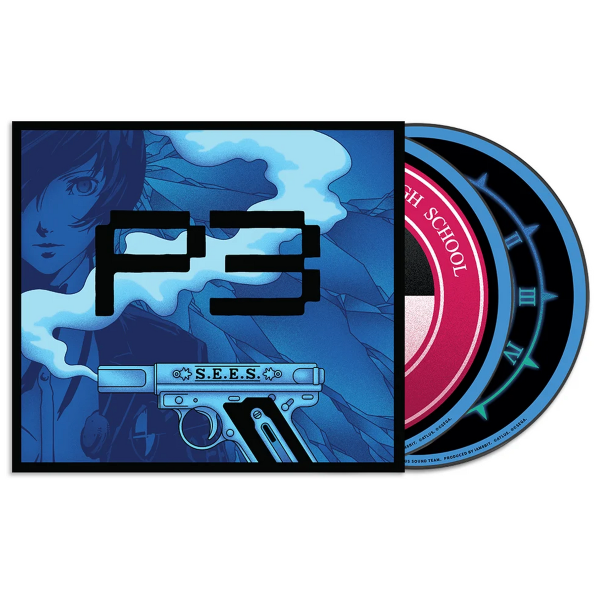 A Persona 3 CD set shown against a plain white background, featuring an illustrated cover with blue anime-style artwork of the Persona 3 protagonist and a gun illustration, alongside two partially visible CDs. The sleeve prominently displays the text "P3".