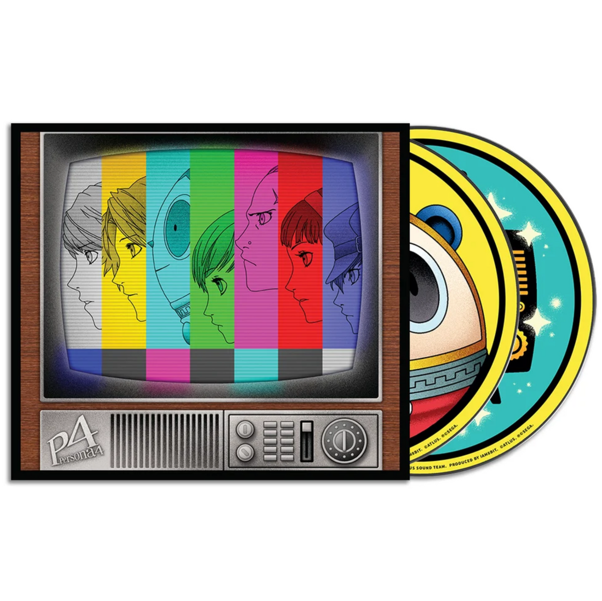 Persona 4 CD front cover featuring a retro television screen with anime-style face silhouettes of all the Persona 4 playable characters over color test bars, alongside two CDs with illustrated art.