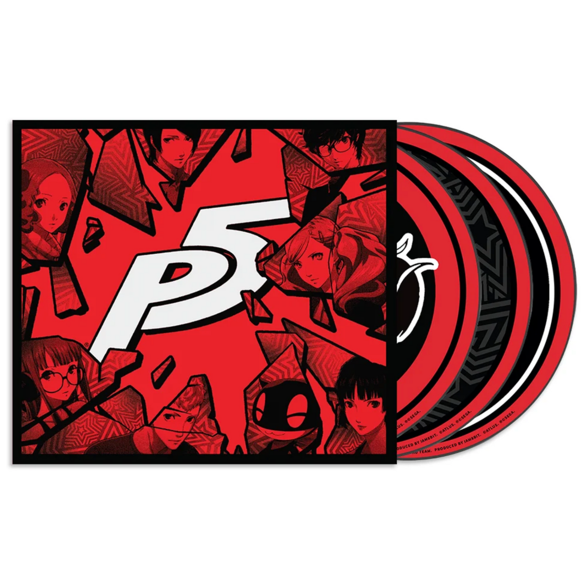 A Persona 5 CD set with a red and black illustrated cover featuring anime-style art of all the playable characters and a large white "P5" logo, shown with two CDs with illustrated artwork partially pulled out on a white background.