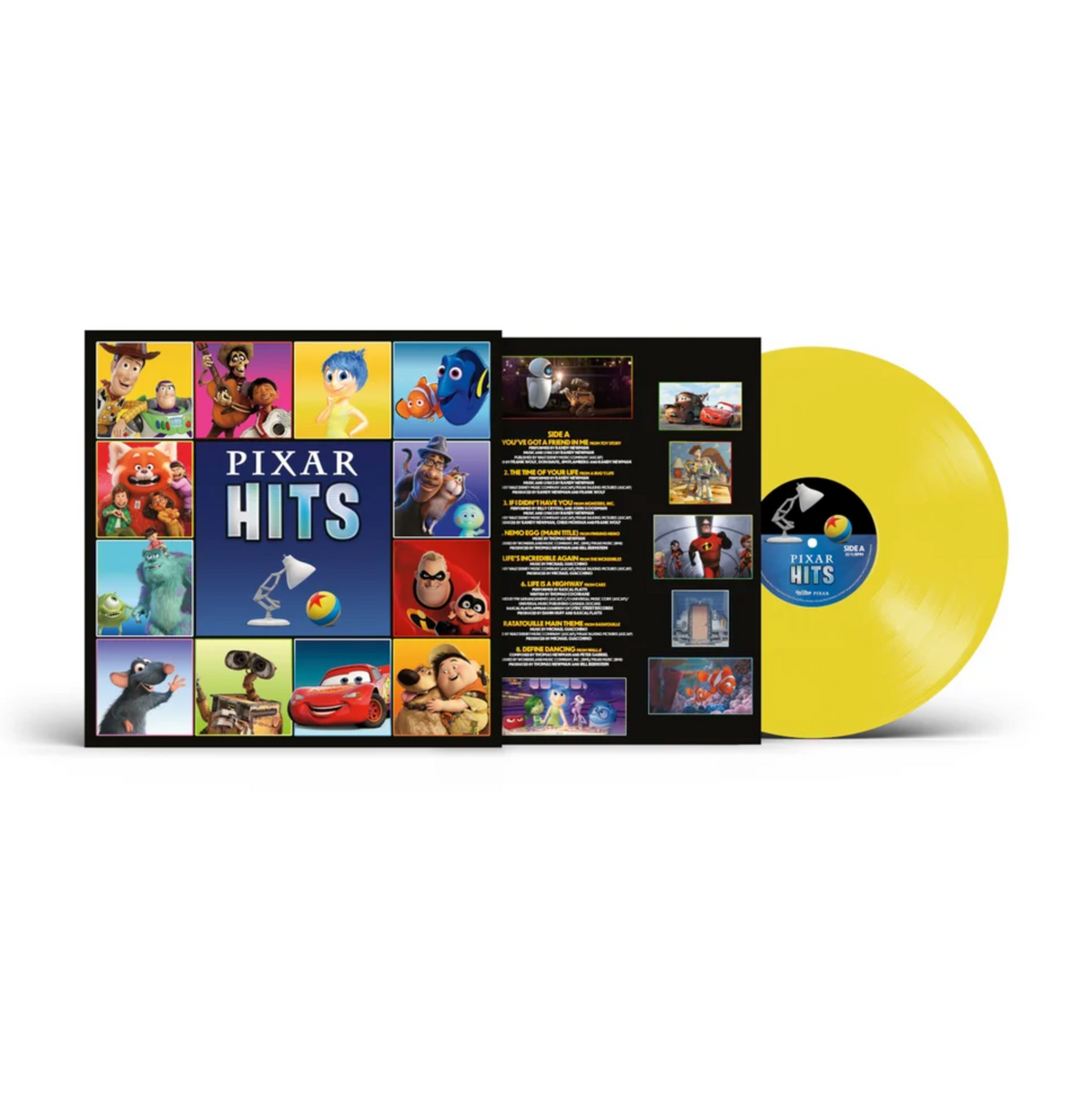 Pixar Hits vinyl record album shown with the insert with printed tracklist and with a yellow record on a white background.