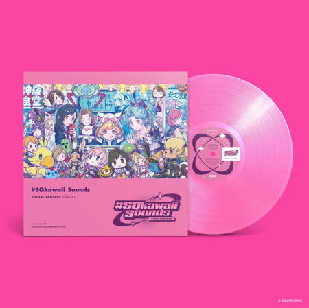 An all pink cover with a large illustrated rectangle containing multiple characters across various Final Fantasy games getting plushies out of a claw machine. the point of view is as if we the viewers are inside the machine. It's bright and cute and matches the bubblegum pink background. In the bottom right is the album wordmark saying "#SQKawaii Sounds -Final Fantasy-". The clear pink vinyl with a pink center label is displayed coming out the side of the jacket. Both are set against a magenta backdrop.