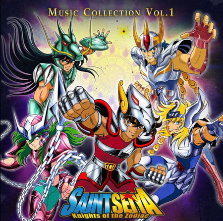 Album cover for 'Music Collection Vol.1' featuring characters from Saint Seiya: Knights of the Zodiac in a dynamic group illustration against a cosmic purple and gold background.