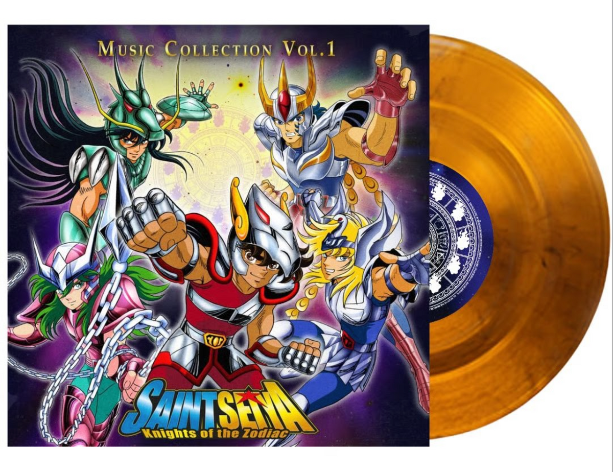 Saint Seiya: Knights of the Zodiacs Music Collection Vol. 1 vinyl record album with the illustrated cover on the left and a translucent gold-colored vinyl record partially visible on the right. The copper orange-yellow vinyl disc is sticking out the side to depict variant.