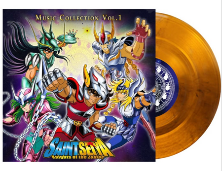 Saint Seiya: Knights of the Zodiacs Music Collection Vol. 1 vinyl record album with the illustrated cover on the left and a translucent gold-colored vinyl record partially visible on the right. The copper orange-yellow vinyl disc is sticking out the side to depict variant.