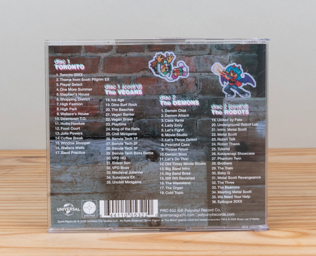 The back of the CD case has a real photo of a bright wall with a wooden board on it, two pixel art characters interacting as stickers on the wall, and the tracklist of the album is overlayed over the top.