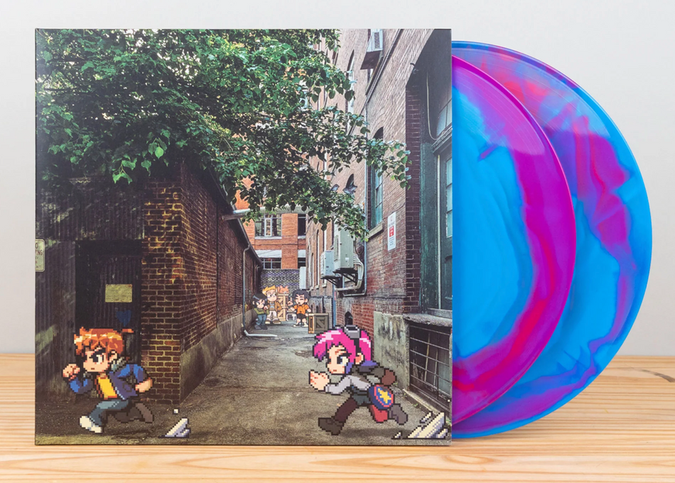 A vinyl record album with a printed cover showing a brick alley scene and two pixel-art characters, the records are peeking out of the jacket and areblue and magenta marbled. The jacket and records are sitting on a light wood surface.