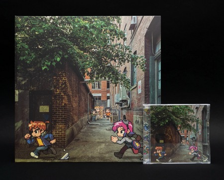 A side by side comparison of the vinyl and CD versions of the album, both have art of two pixel art characters running down a real photo of a street. They're passing by an alleyway with more pixel art characters at the end.
