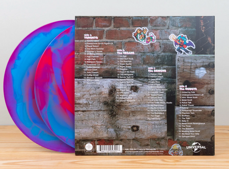 Backside of the Scott Pilgrim EX vinyl sitting on a wooden surface against a light grey background, the back of the jacket has a real zoomed in photo of a bright wall with a wooden board, the tracklist of the album on top, and two pixel art characters as stickers on the wall.