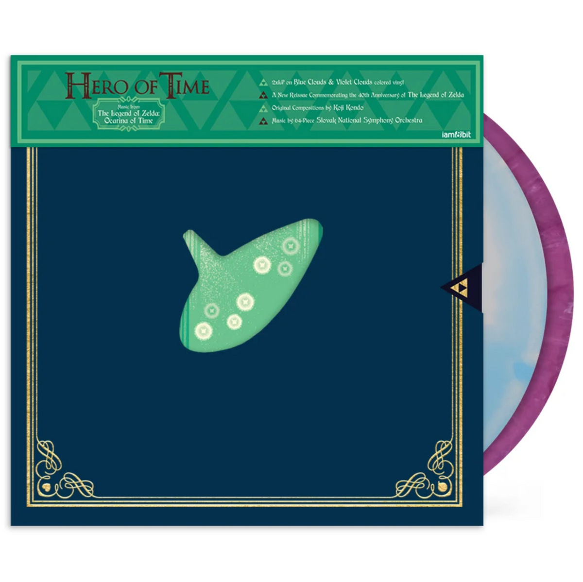 Front of the Hero of Time vinyl set, featuring a die cut of an ocarina in the center of a navy blue booklike cover. The ocarina is green with the holes being little fairies. There is a green OBI strip with text at the top, decorated with lighter green triforce icons. all aropund the edge of the blue cover is gold decor lines. The discs are partially peeking out the right side, one disc being blue and white marble and the other being purple marble.