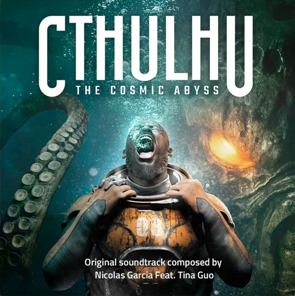 Cthulhu: The Cosmic Abyss original soundtrack cover art, featuring a screaming diver in a spacesuit surrounded by a giant octopus tentacle and a glowing alien eye in deep blue-green water. Text at the bottom reads 'Original soundtrack composed by Nicolas Garcia Feat.