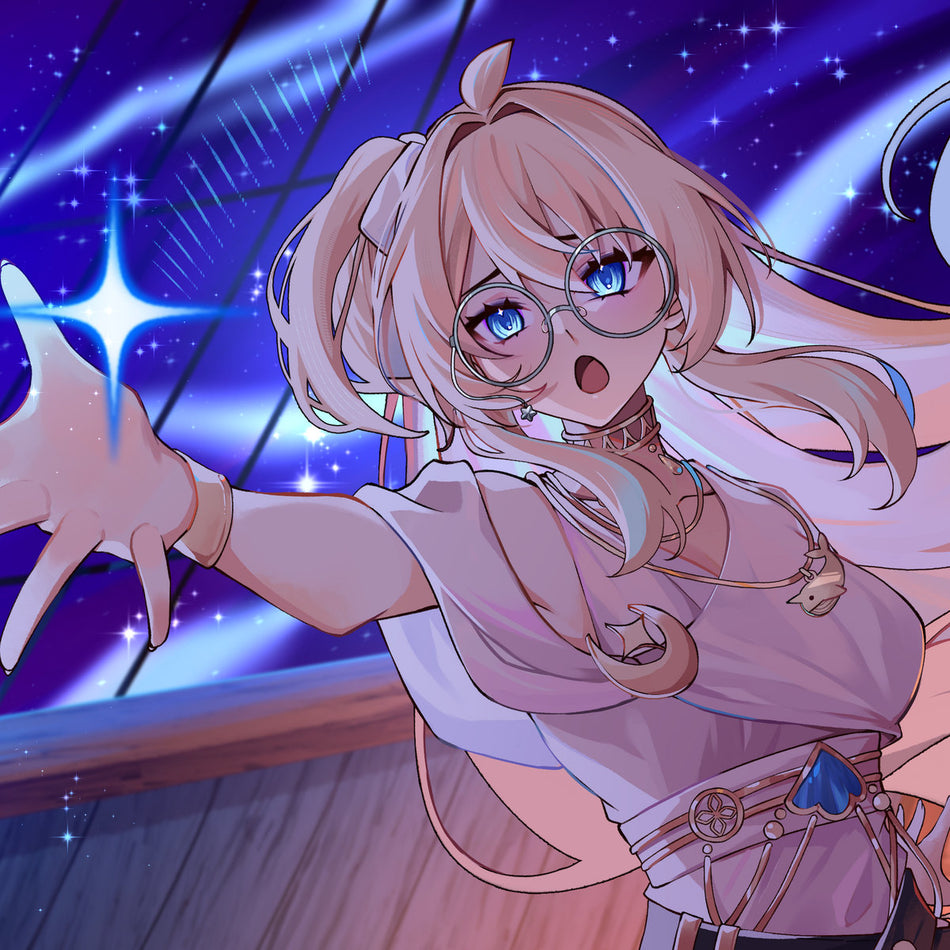 An anime-style digital illustration of a girl with light blonde hair, round glasses, and blue eyes, wearing a lavender top and gold accessories, set against a starry blue and purple night sky background.