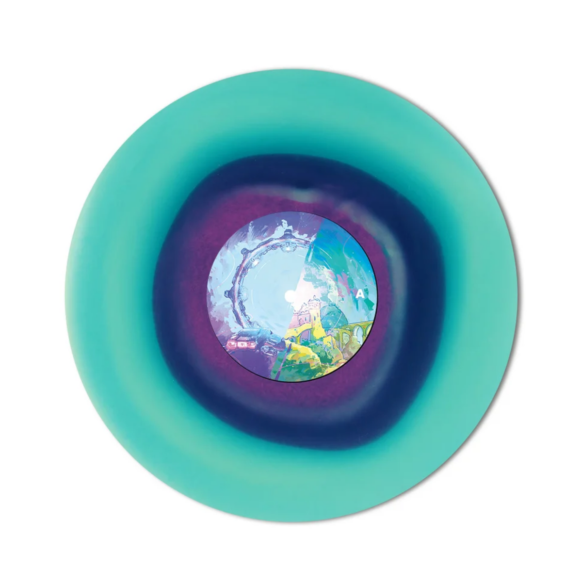 Split Fiction vinyl record mock up showcasing a bright aqua with purple blob disc and the center label is the portal from the front cover split between sci fi and fantasy imagery.