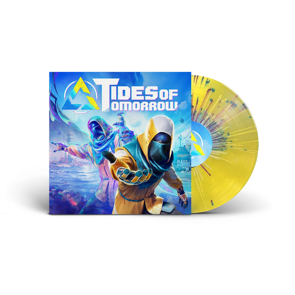 Vinyl record with 'Tides of Tomorrow' cover featuring a character in a futuristic suit.