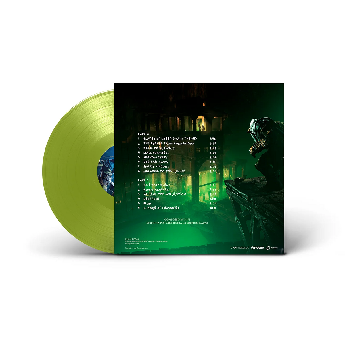 Styx: Blades of Greed Vinyl record with green disc and album cover featuring a dark scene.