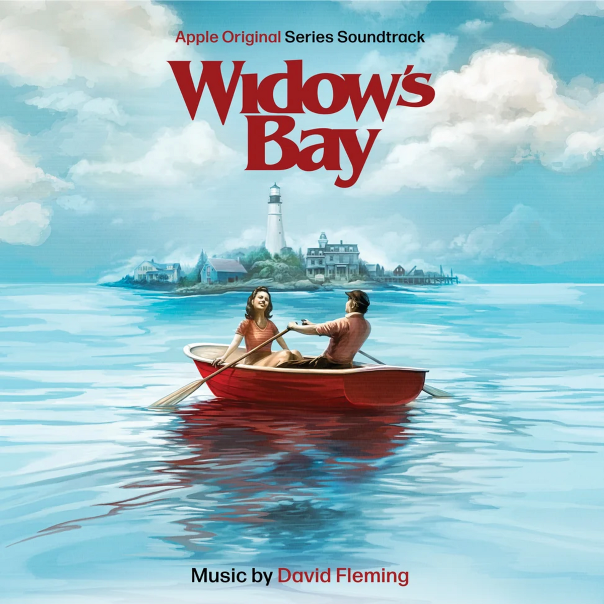 Cover art for the series Widow's Bay. Top half of the cover is blue sky with fluffy white clouds, bottom half is a wide open sea with the same palatte as the sky. in the center is an island with a prominent lighthouse, other coastal style buildings, and above the island is the title "Widow's Bay" in red text. Below the island is a man and a woman in a red rowboat heading towards the island.