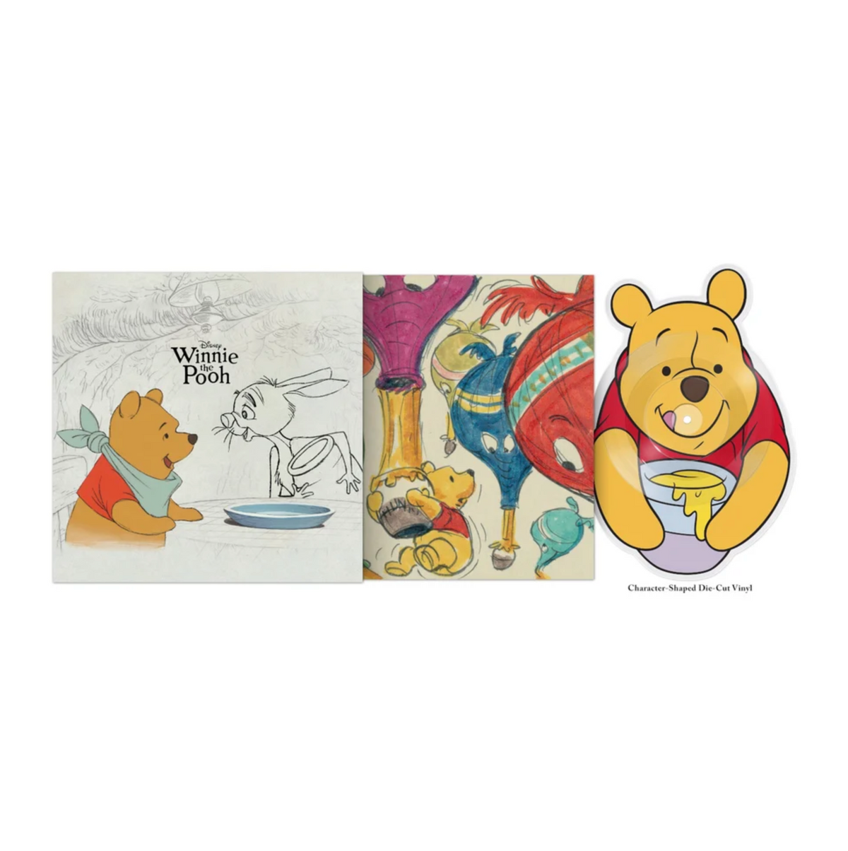 The 10" vinyl for Winnie the Pooh featuring artwork of Pooh and Rabbit by a table, with an insert that has Winnie the Pooh concept art, and the record itself which is a Pooh shaped diecut