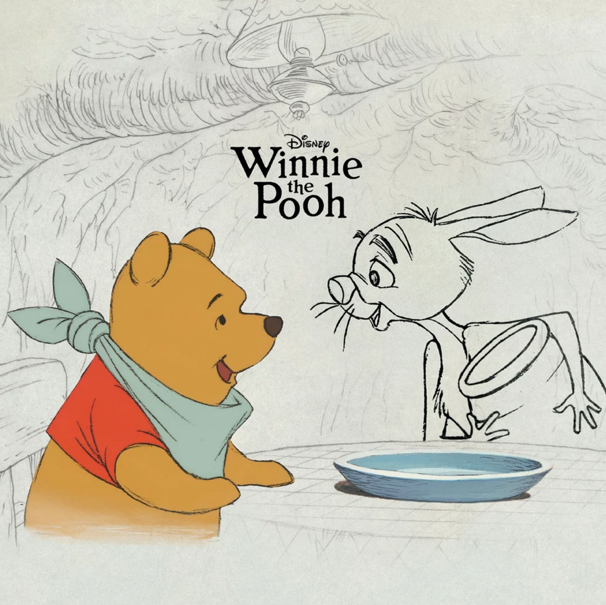 Winnie the Pooh vinyl cover art featuring a colored pencil sketch of Pooh Bear wearing a red shirt and light blue bandana next to a blue bowl, with a black-and-white line drawing of Rabbit and the title 'Disney Winnie the Pooh' at the top.