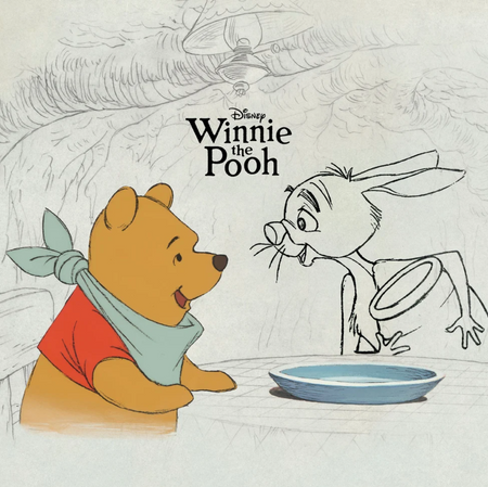 Winnie the Pooh vinyl cover art featuring a colored pencil sketch of Pooh Bear wearing a red shirt and light blue bandana next to a blue bowl, with a black-and-white line drawing of Rabbit and the title 'Disney Winnie the Pooh' at the top.