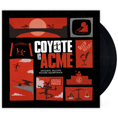 Coyote vs Acme Original Motion Picture Soundtrack vinyl record with illustrated album cover and a visible black vinyl disc partially pulled from the sleeve.