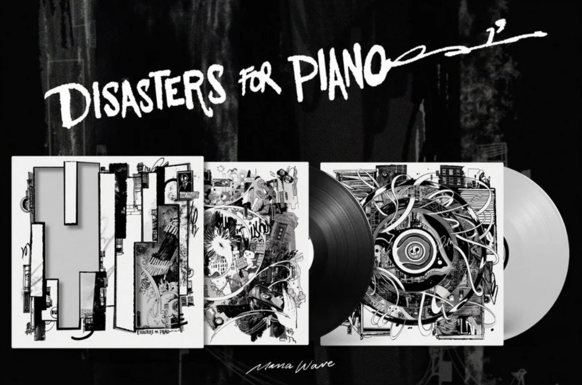 Album cover art for "Disasters for Piano" featuring the illustrated vinyl record jacket front, two sleeves and two records (one black, one white) against a dark textured background.