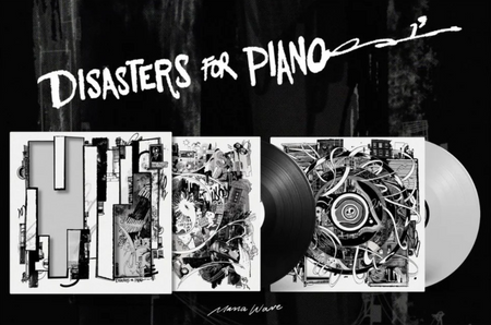 Album cover art for "Disasters for Piano" featuring the illustrated vinyl record jacket front, two sleeves and two records (one black, one white) against a dark textured background.