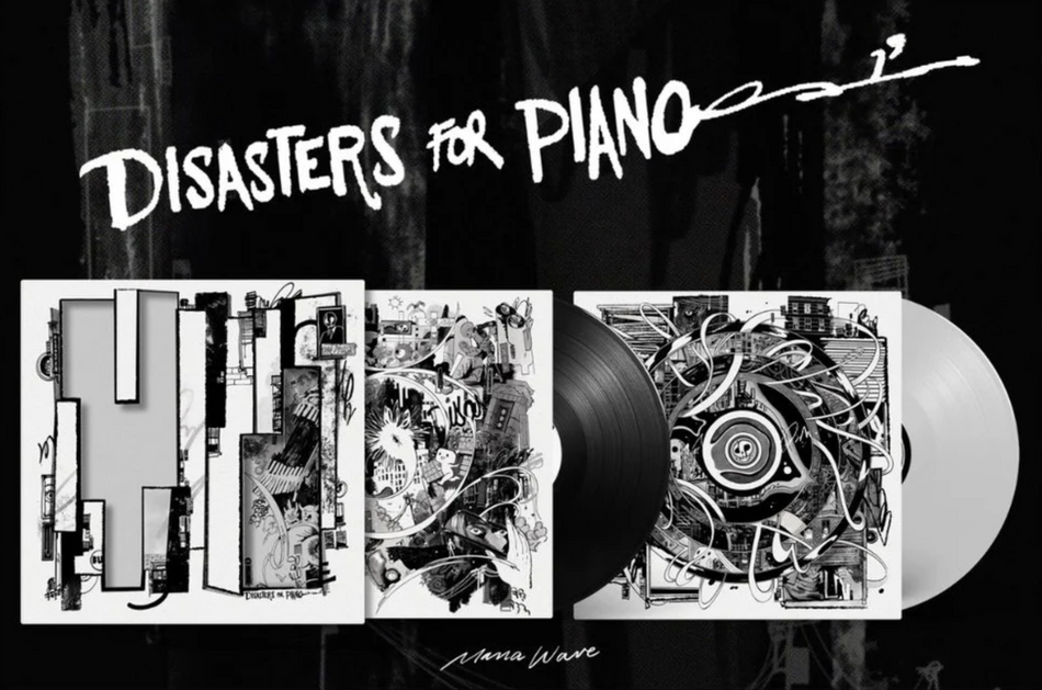 Album cover art for "Disasters for Piano" featuring the illustrated vinyl record jacket front, two sleeves and two records (one black, one white) against a dark textured background.