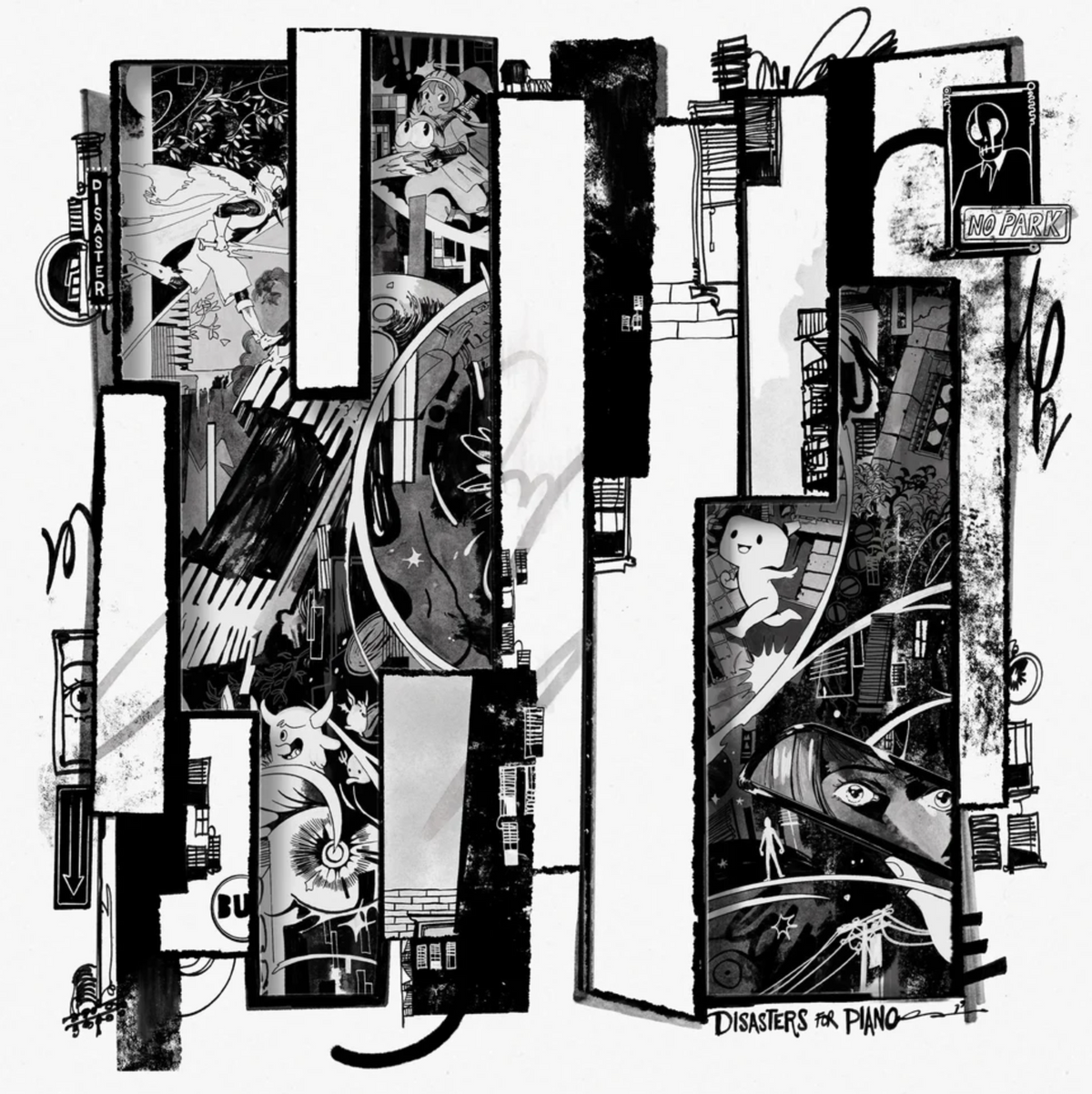 A black and white collage-style artwork featuring comic-book panels, piano keys, architectural shapes, and illustrated figures, with the text "DISASTERS FOR PIANO" at the bottom.