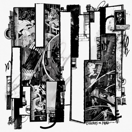 A black and white collage-style artwork featuring comic-book panels, piano keys, architectural shapes, and illustrated figures, with the text "DISASTERS FOR PIANO" at the bottom.