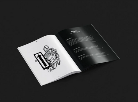 A shot showing the liner notes booklet for the album, the spread open has a grayscale illustration on a white background on the left and the right page is all black with various text. The top shows the song this page focuses on is Death from  Fez and talks about composition, arrangement, and performance.