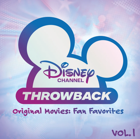 Album cover art for Disney Channel Throwback Original Movies: Fan Favorites, Vol. 1, featuring the Disney Channel silhouette logo with a purple-to-blue gradient outline on a pastel starry background.