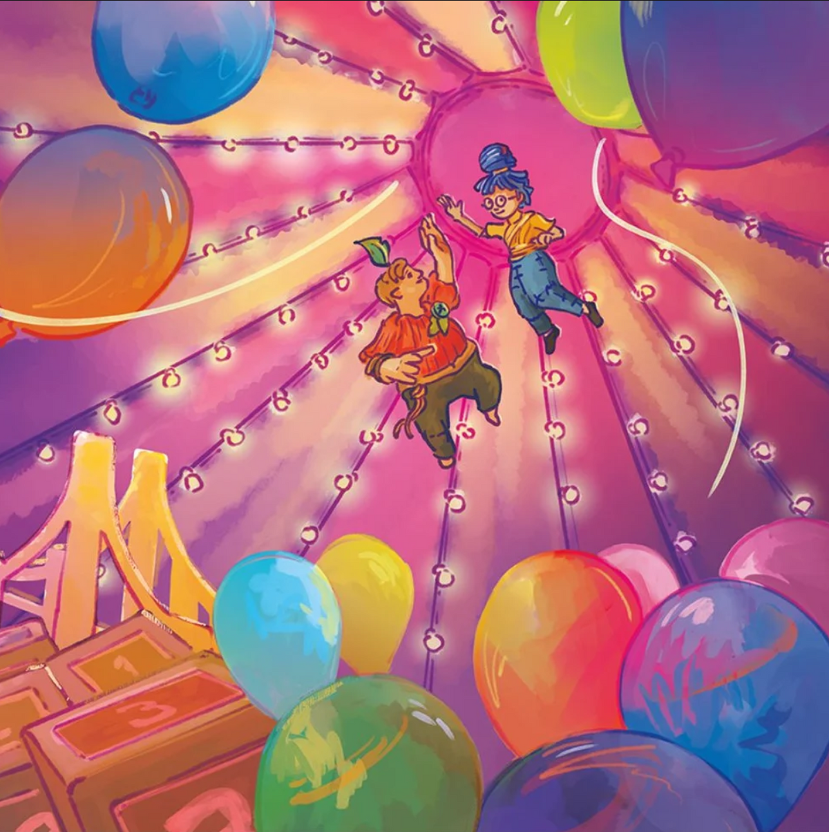The front cover for the It Takes Two vinyl, featuring the main characters that are dolls floating in the air under a circus tent with a cardboard bridge in the background and number blocks and balloons all around them. The colors are very warm and vibrant with a loose illustrated style.