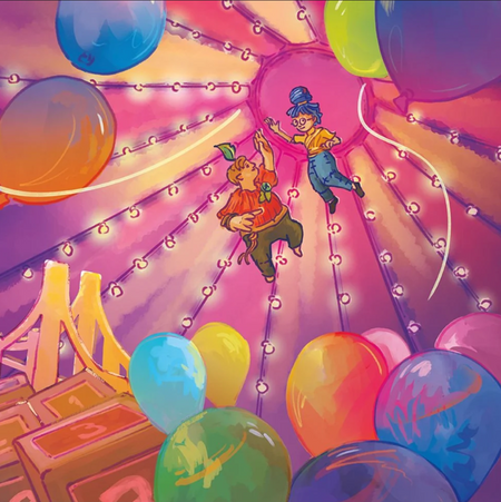 The front cover for the It Takes Two vinyl, featuring the main characters that are dolls floating in the air under a circus tent with a cardboard bridge in the background and number blocks and balloons all around them. The colors are very warm and vibrant with a loose illustrated style.
