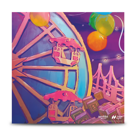 The back cover for the It Takes Two vinyl that has a big cardboard ferris wheel, some balloons, and a bunch of number blocks all in a painterly illustrated style with lots of vibrant colors.