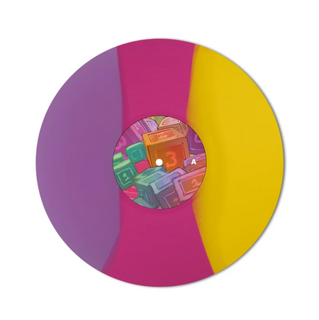 The vinyl mock up for the It Takes Two vinyl, the variant is a purple, pink, and yellow tri split and the center label has multiple illustrated number blocks on it.