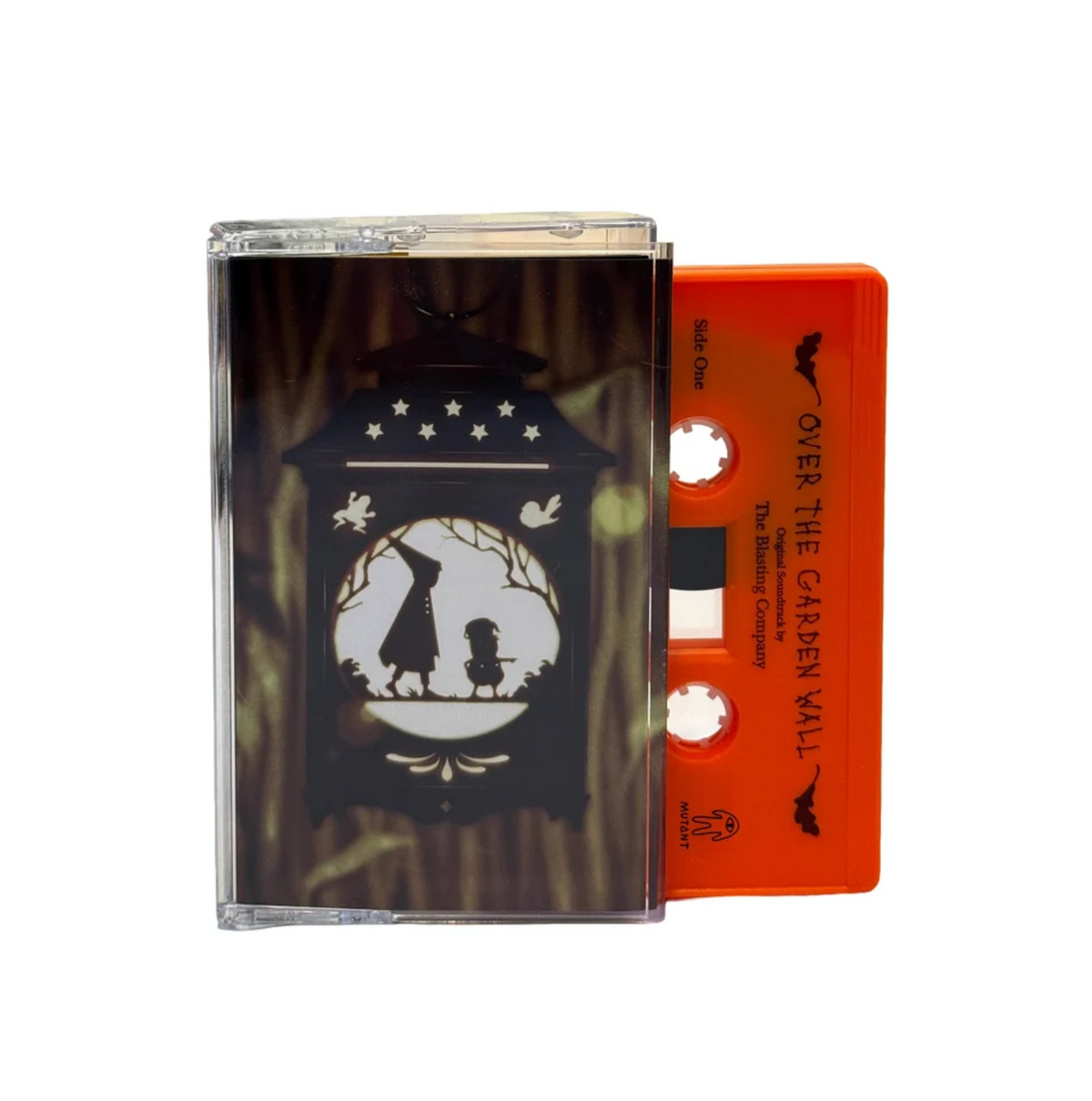 The cassette cover is the same as the vinyl and CD, but cropped to fit the cassette case. A lit lantern hangs in front of a corn field and the silhouette of two characters is in the center of the lantern. The orange cassette tape is partially visible to show color.