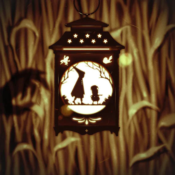 A lit lantern hangs in front of a corn field and the silhouette of two characters is in the center of the lantern. There is a shadow of a monster's hand projected onto the corn field wall.