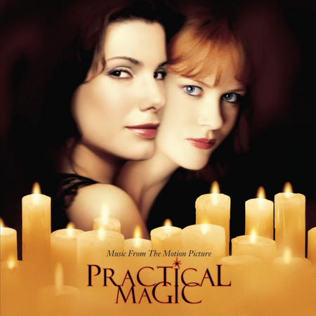Album cover art for the music from the motion picture "Practical Magic", featuring Sandra Bullock and Nicole Kidman in profile with lit candles in the foreground and the title at the bottom.