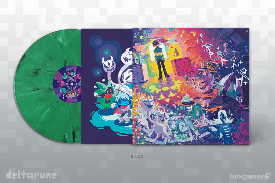 Deltarune chapter 1 vinyl jacket back with the back of the inner sleeve and the green marble disc sticking out