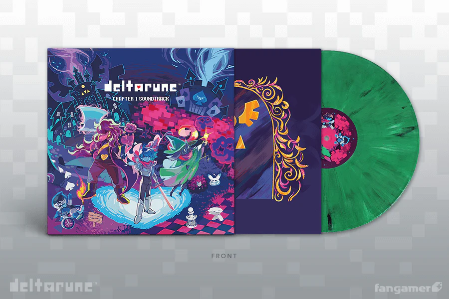 Vinyl record with colorful cover featuring 'deltarune' branding on a gray background