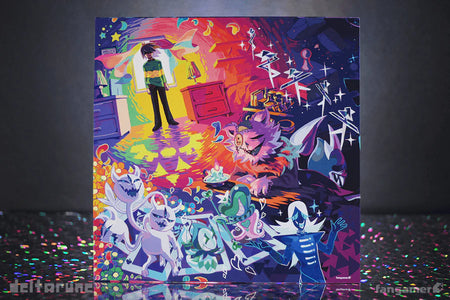 Colorful album cover with characters and abstract designs on a dark background
